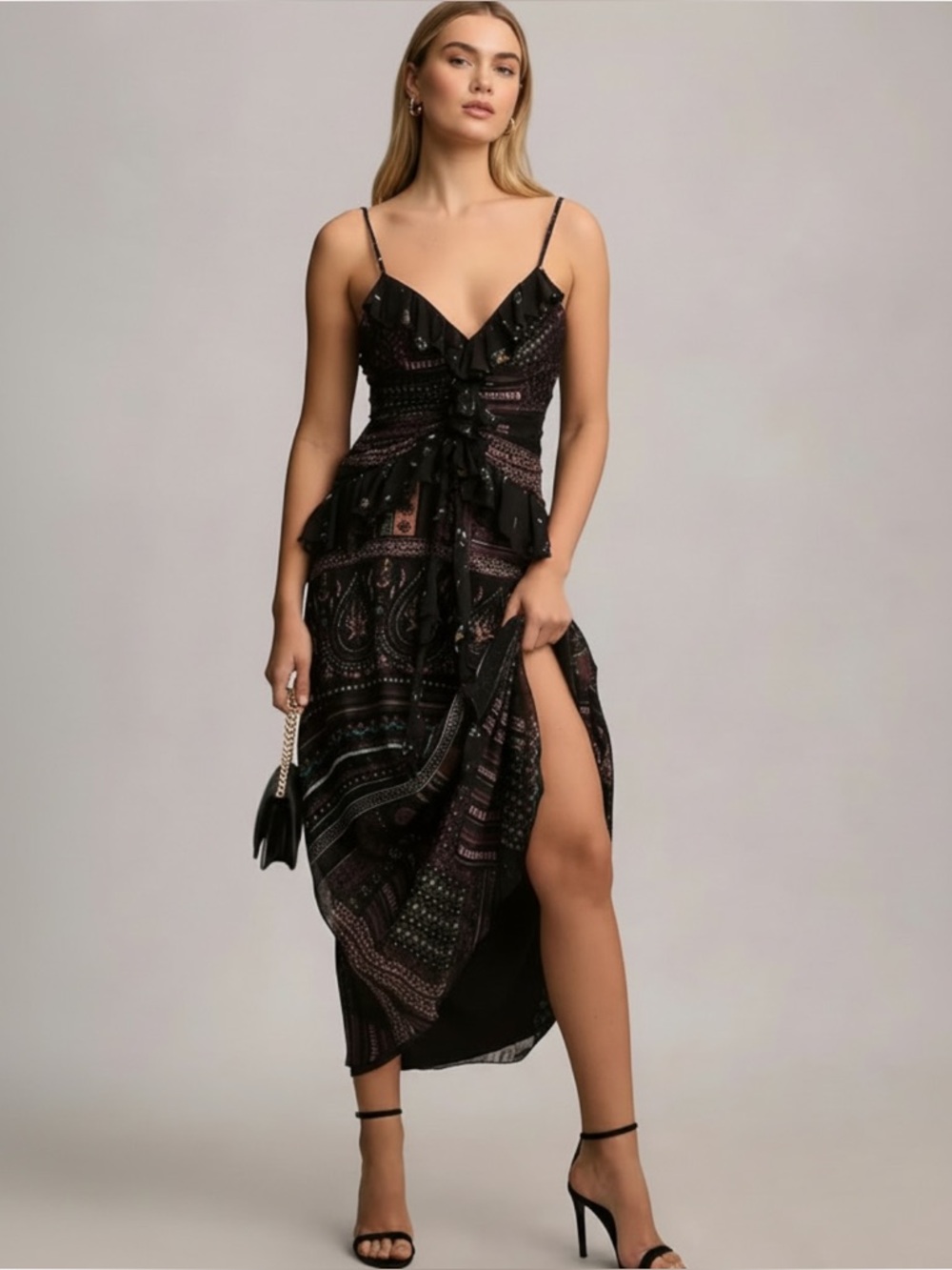 Anthropologie Let Me Be Midi Dress Size Small Black Ruffle Cocktail Feminine EUC